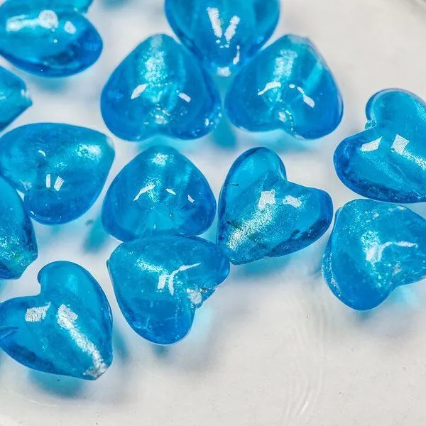 бусина, стекло с фольгой, "сердечко", цвет яркий голубой, 12х12х8 мм