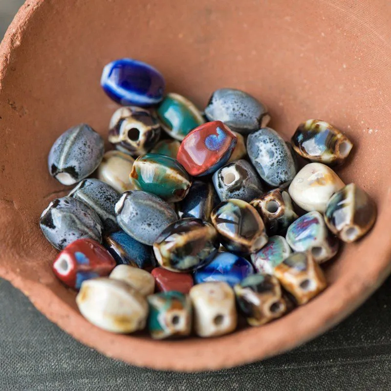 бусина, керамика "зерно-антик", цветовой микс, 14-12х10-9х11-9 мм