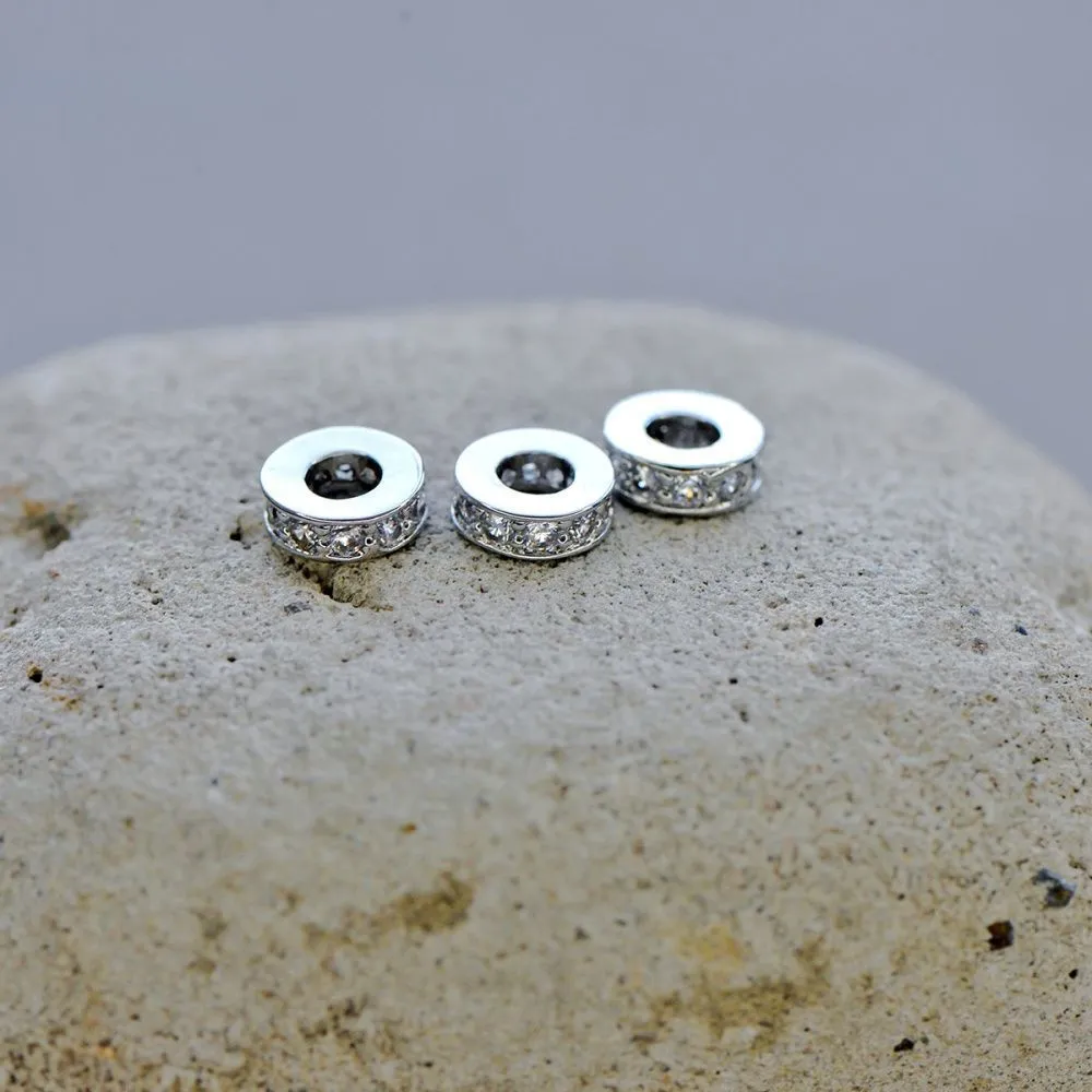 ес бусина "ронд", латунь/стразы, цвет платина, 9.5x2.5 мм