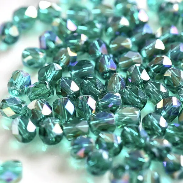 бусина, стекло бочонок 4, граненая, цвет сине-зеленый радужный, 4x4 мм (уп 30+/-5 шт)