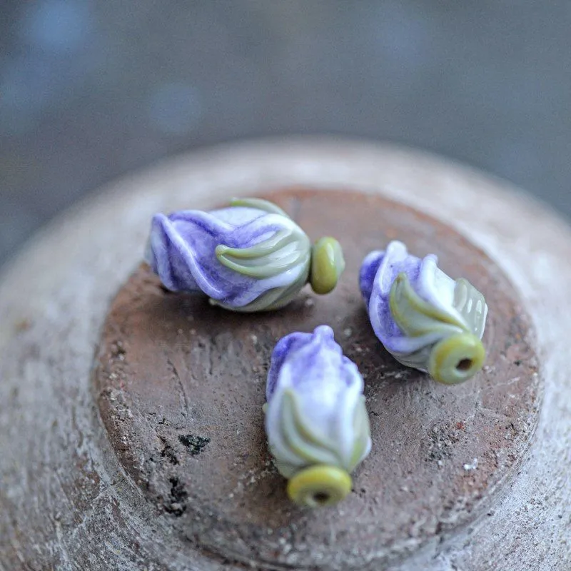 бусина, мурано "розовый бутон", бело-сиреневый, 15-16х10-11 мм