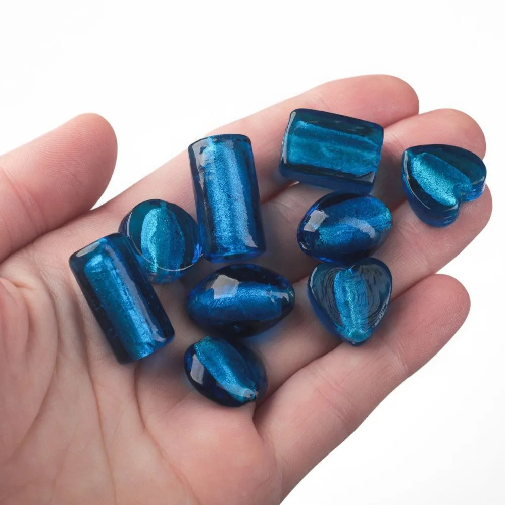 бусина, стекло с фольгой, цвет синий, размерный микс