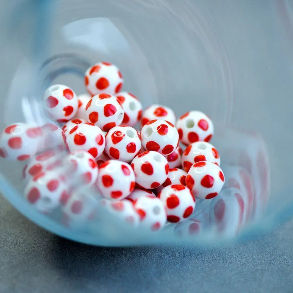 бусина, керамика "спот", цвет белый/красный, 10 мм