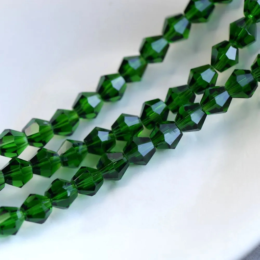 бусина, стекло биконус 8, цвет темно-зеленый, 8 мм