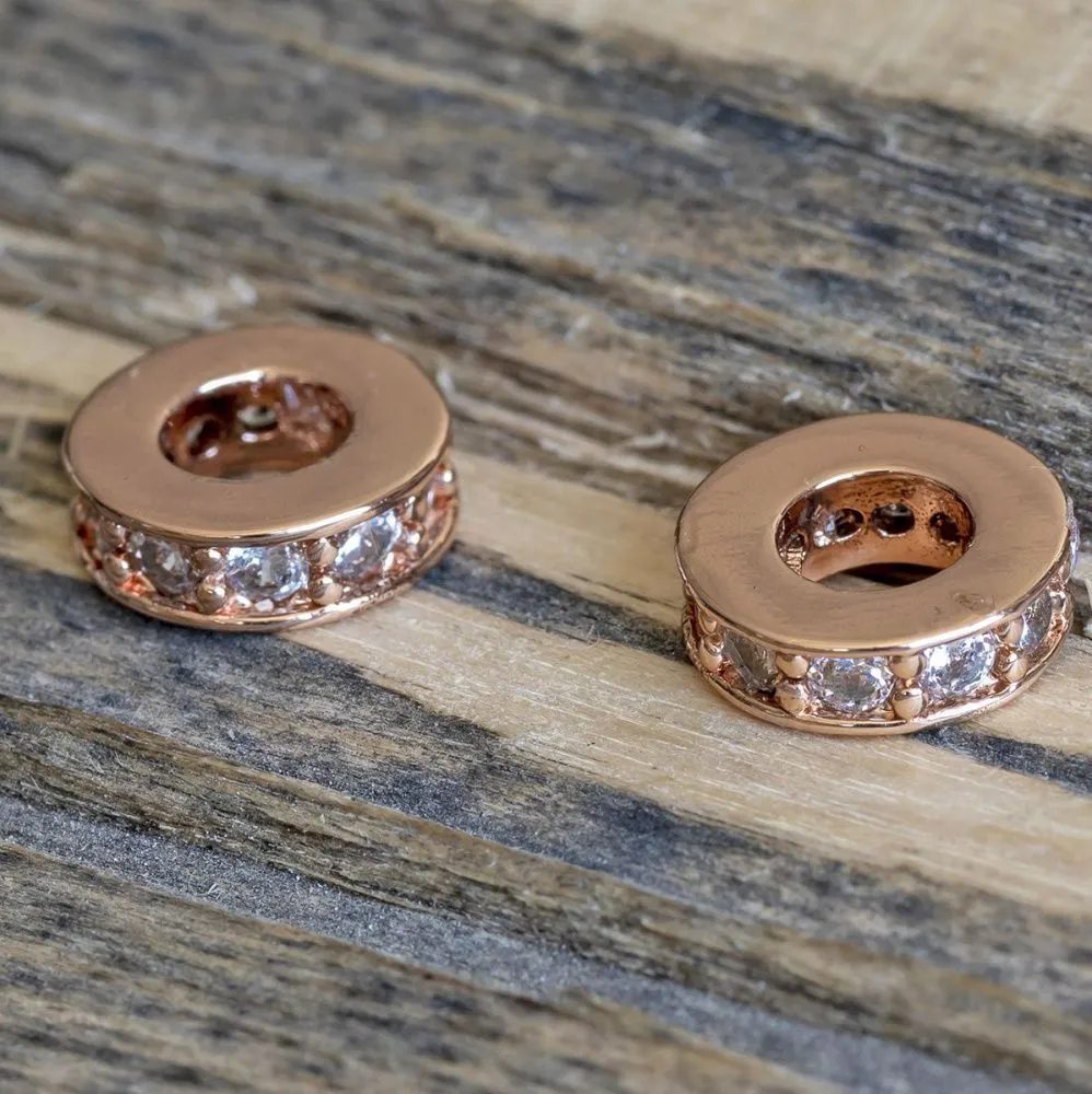 ес бусина "ронд", латунь/стразы, цвет розовое золото, 9.5x2.5 мм