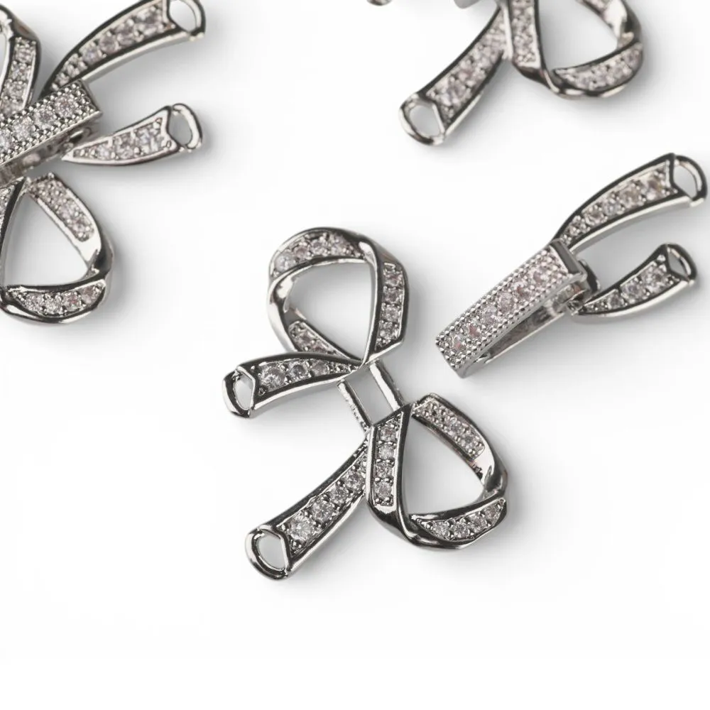 замок для украшений "бант", покрытие платина/циркон, 27x25x5 мм