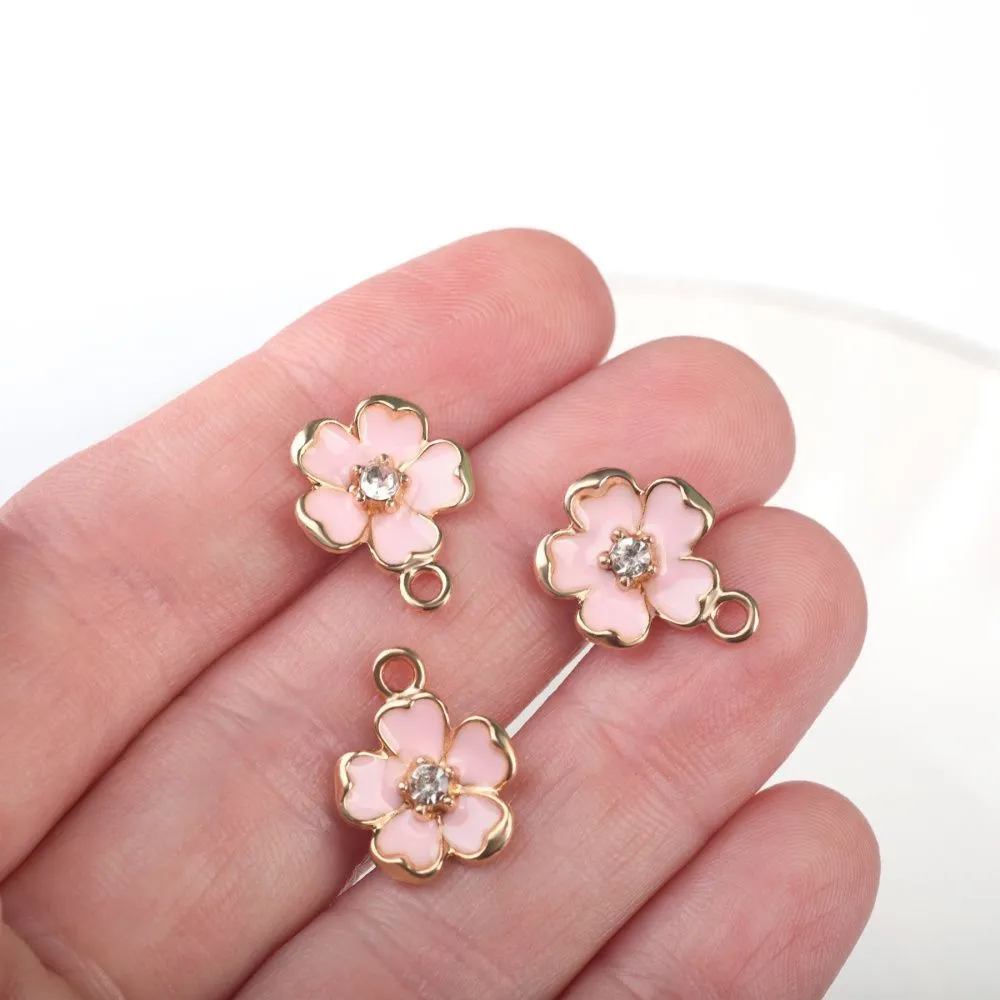 подвеска металл "цветок сливы", эмаль, св.золото/розовый, 16x12.5x3 мм