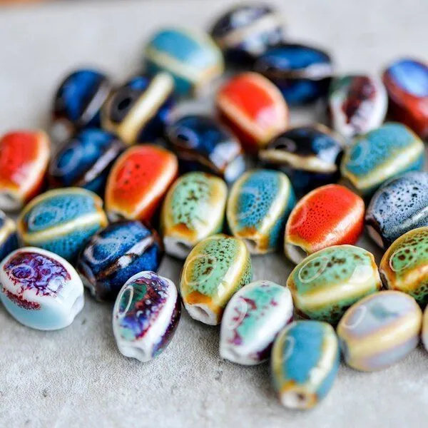 бусина, керамика "зерно-антик", цветовой микс, 14-12х10-9х11-9 мм