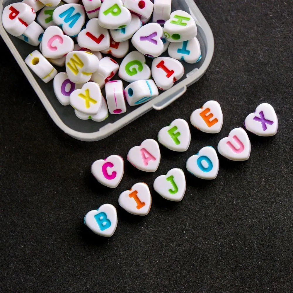 набор бусин-сердечек 52 шт. с буквами, английский алфавит, белый/микс