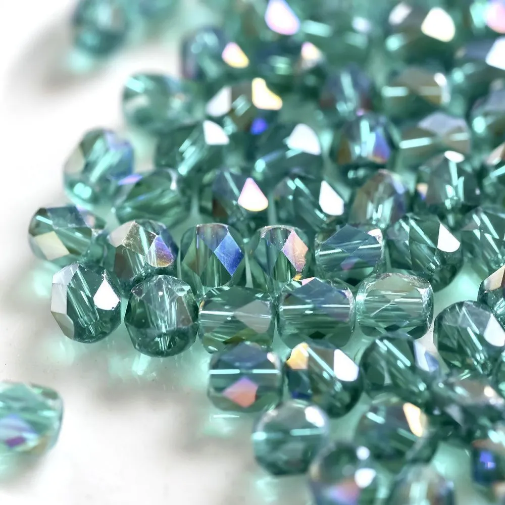 бусина, стекло бочонок 4, граненая, цвет сине-зеленый радужный, 4x4 мм (уп 30+/-5 шт)
