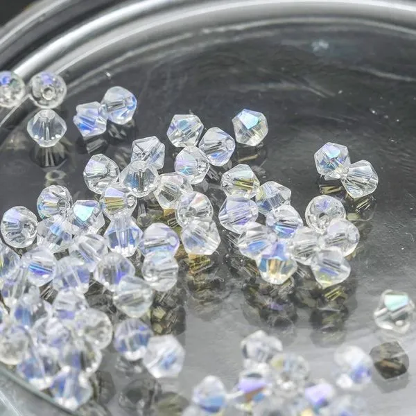 бусина, стекло биконус, цвет прозрачный радужный, 4 мм (уп.30+/-5 шт)