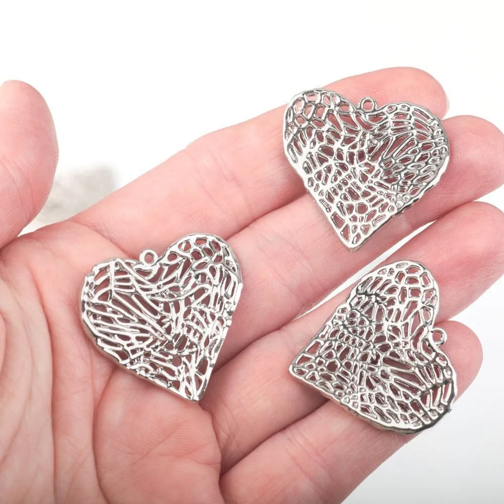 подвеска металл "сердце-сеть", цвет платина, 27x28.5x3 мм